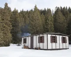Jean Prouvé, '6 x 9' demountable house, together with 'Pyrobal' fireplace, 1944-1945, Painted steel, corrugated aluminium, painted wood, glass