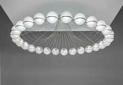 Gino Sarfatti, Rare large chandelier, model no. 2109/27, executed for a private commission, France, 1960s, Painted tubular steel, painted steel chain, painted steel, painted aluminium, opaque glass