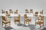 Gio Ponti, Set of twelve armchairs, from the Dulciora offices, Milan, circa 1950, Stained beech, brass, vinyl