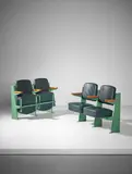 Jean Prouvé, Pair of two-seater lecture hall armchairs, designed for the Faculté de Lettres, Université de Besançon, 1952-1956, Painted steel, oak, vinyl