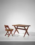 'Reading table', model no. PJ-TA-09-B, and 'Cane seat wood back' chair, model no. PJ-SI-51-A, designed for the High Court, Punjab University Library and Central State Library, Chandigarh by Pierre Jeanneret, 1959-1962, Teak, teak-veneered wood, leather, sold Sep 2017