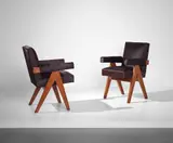 Pair of 'Committee' armchairs, model no. PJ-SI-30-A, designed for the High Court, the Assembly and Punjab University administrative buildings, Chandigarh by Pierre Jeanneret, 1959-1960, Teak, hide, sold Sep 2017