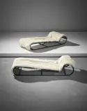 Jean Royere, Pair of rare chaises longues, 1937, Painted steel, fabric, goat fur