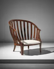 André Groult, 'Gondole' armchair, 1920s, Mahogany, mother-of-pearl inlay, fabric