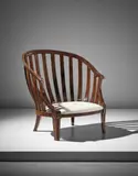 André Groult, 'Gondole' armchair, 1920s, Mahogany, mother-of-pearl inlay, fabric