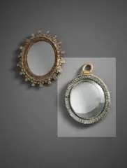 ‘Montre’ mirror by Line Vautrin, circa 1960, Talosel resin, coloured mirrored glass, convex mirrored glass, leather, sold Sep 2017