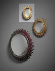 Line Vautrin, ‘Chardon’ mirror, 1950s, Talosel resin, coloured mirrored glass, convex mirrored glass