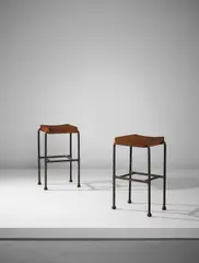 Pierre Chareau, Pair of bar stools, model no. MT 344, circa 1927, Mahogany, painted tubular steel, painted wood