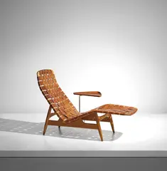 Arne Vodder, Chaise longue, circa 1950, Beech, teak, tubular brass, leather