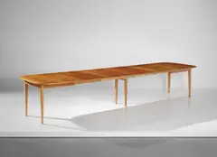 Large extendable dining table, model no. 947 by Josef Frank, designed circa 1940, produced 1950s, Mahogany-veneered wood, mahogany, birch inlay, sold Sep 2017