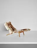 Hans J. Wegner, Early adjustable lounge chair, model no. JH524, circa 1959, Oak, chromium-plated metal, painted steel, halyard, fabric, sheep fur