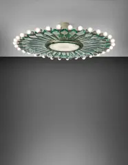 Max Ingrand, Rare ceiling light, model no. 2243, circa 1958, Nickel-plated brass, coloured glass, glass