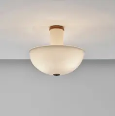 Rare ceiling light, model no. 5266 by Tomaso Buzzi, 1931-1935, Lattimo glass with applied gold leaf, tubular brass, brass, offered Sep 2017