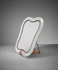 Table mirror, model no. 74 by Venini, circa 1939, Filigrana sommersa clear and coloured glass, brass, beech, sold Sep 2017