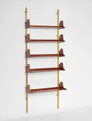 Wall-mounted modular bookcase, model no. E60 by Osvaldo Borsani, designed 1946, Anodised aluminium, walnut-veneered plywood, walnut, sold Sep 2017