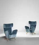 Gio Ponti and Giulio Minoletti, Pair of armchairs, from the First-Class carriages of the 'Settebello' ETR 300 train, circa 1952, Painted tubular steel, fabric