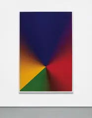 Cory Arcangel, Photoshop CS: 110 by 72 inches, 300 DPI, RGB, square pixels, default gradient "Spectrum", mousedown y=23900 x=11650, mouse up y=32650 x=11650, 2009, c-print face mounted to Diasec, in artists frame