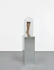 Josephine Meckseper, Untitled, 2010, mannequin leg in hosiery, glass dome on artist's plinth