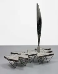 Matthew Day Jackson, Dymaxion Map Monument, 2009, concrete, welded steel, mother of pearl, steel casts