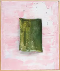 Michiel Ceulers, Villains who twirl their moustaches are easy to be spot. Those who clothe themselves in good deeds are well-camouflaged, 2014, spraypaint, oil, acrylic, staple and wood glue on canvas, in an artist's frame