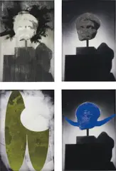 Dave McDermott, Four Works: (i) Endless Nameless (Dr. No); (ii) Endless Nameless (Black Glory Chet Baker); (iii) Endless Nameless (Augustus Blue Period); (iv) Untitled, 2008, (i) 22 & 24-karat gold leaf, graphite, erasing on archival pigment print (ii) oil, graphite, sanding, erasing on archival pigment print (iii) oil pastel on archival pigment print (iv) archival pigment print