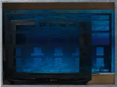 Underwater Empty Vessel by Simon Denny, 2013, aluminium, wood, CRT television casing, digital print on Plexiglas, sold Apr 2016