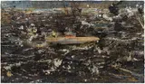 Anselm Kiefer, Für Velimir Khlebnikov: Die Lehre vom Krieg: Seeschlachten, 2004-2010, paint, emulsion, shellac, straw on canvas, lead boat