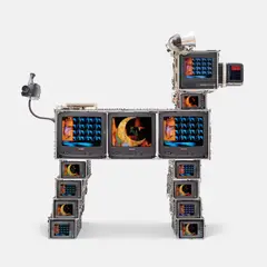 Nam June Paik, Watchdog II, 1997, aluminium framework, Panasonic video camera, 2 audio speakers, circuit boards, three 13 in. color TVs, one 9 in. colour TV, nine 5 in. colour TVs, 2 channel original Paik video