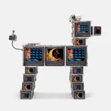 Nam June Paik, Watchdog II, 1997, aluminium framework, Panasonic video camera, 2 audio speakers, circuit boards, three 13 in. color TVs, one 9 in. colour TV, nine 5 in. colour TVs, 2 channel original Paik video
