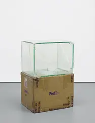 FedEx Large Kraft Box 2004 FEDEX 155143, #875468976062 by Walead Beshty, 2011, laminated mirropane, FedEx shipping box, silicone, metal, tape, accrued FedEx labels, sold Jun 2016