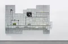 Rashid Johnson, Love Souls, 2010, mirror, wood, MDF, wax, LP, two-way radio CB, books, shea butter, space rock
