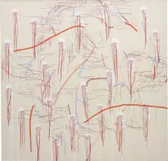 Ghada Amer, A Kiss From Alison, 2002, needlework, acrylic and mixed media on canvas
