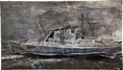 Odi Navali by Anselm Kiefer, 1997, oil, emulsion, acrylic and lead boat on canvas, sold Oct 2016