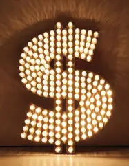 $ by Tim Noble and Sue Webster, 2001, 204 ice white turbo reflector caps, lamps, holders and daisy washers, lacquered brass, electronic light sequencer (3-cha, sold Oct 2016