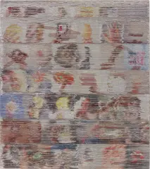 Margo Wolowiec, Time and Time, Again, 2014, dye-sublimation ink, fabric dye, handwoven polyester and cotton on linen