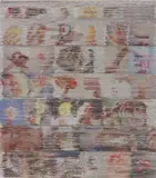Margo Wolowiec, Time and Time, Again, 2014, dye-sublimation ink, fabric dye, handwoven polyester and cotton on linen