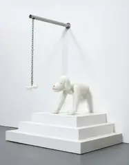 Yoshitomo Nara, I Think, Therefore I Am...A Dog, 2003, fiberglass, wood and metal