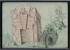 Pablo Bronstein, Monument In The Style Of Michael Graves On The Debris Of The Bastille, 2006, ink and gouache on paper, in artist's frame