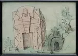 Pablo Bronstein, Monument In The Style Of Michael Graves On The Debris Of The Bastille, 2006, ink and gouache on paper, in artist's frame