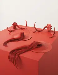 Terence Koh, Zhang zyi Buddha fly earth (Anedote/Penedote), 2006, cymbals, antlers, real human hair, enamel paint, beeswax, artists blood, lipstick and dvd
