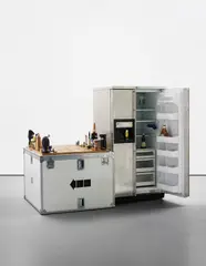 Paul McCarthy, Kitchen Set, 2003, Mixed media installation with General Electric fridge, metal crate, wooden chess board and 32 piece found object chess set