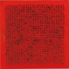 Tableau Clous by Bernard Aubertin, 1970, Nägel auf Holz, rot bemalt, sold Dec 2016