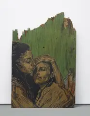Alixa Naima by Caledonia Curry & Swoon, 2008, woodcut print and acrylic on found wood, sold Dec 2016