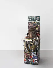 Nail Sculpture (grey) by Thomas Hirschhorn, 2003, Wood, packing tape, nails, screws, coins, plastic, metal hinges, metal door number plaques, stickers, wire, one wooden b, sold Dec 2016
