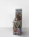 Thomas Hirschhorn, Nail Sculpture (grey), 2003, Wood, packing tape, nails, screws, coins, plastic, metal hinges, metal door number plaques, stickers, wire, one wooden bowl, one metal bowl, Black and Decker screwdriver, power adaptor, hammer and colour photocopies