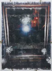 Champagne Rain by Borden Capalino, 2014, thermal transfer, baking soda, walnuts, pistachio shell, coffee, enamel on canvas, sold Dec 2016