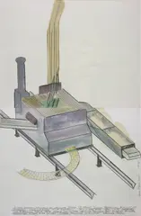 Dennis Oppenheim, A Way Station Launching an Obsolete Power (A Thought Collision Factory in Pursuit of a Journey) (A Clip in a Rifle - a Weapon), 1979, enamel, metallic paint and graphite on paper in two parts