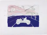 L'automobile, for Hommage à Leonardo da Vinci (American Inventions) (The Car, for Homage to Leonardo da Vinci (American Inventions)) by Salvador Dalí, 1975, Drypoint with extensive hand-colouring in gouache, on Rives BFK paper, with full margins,, sold Jan 2016