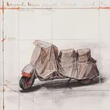 Wrapped Vespa, Project; 1963-64 by Christo & Jeanne-Claude, 2009, Paper collage and digital pigment print in colours with hand-colouring in crayon, on PhotoRag paper, the full sheet,, sold Jan 2016