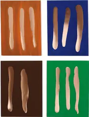 Günther Förg, Mr. Orange; Mr. Blue; Mr. Brown; and Mr. Green, 2002, Tempera in colours, on copper-plated wood panels, in four parts,